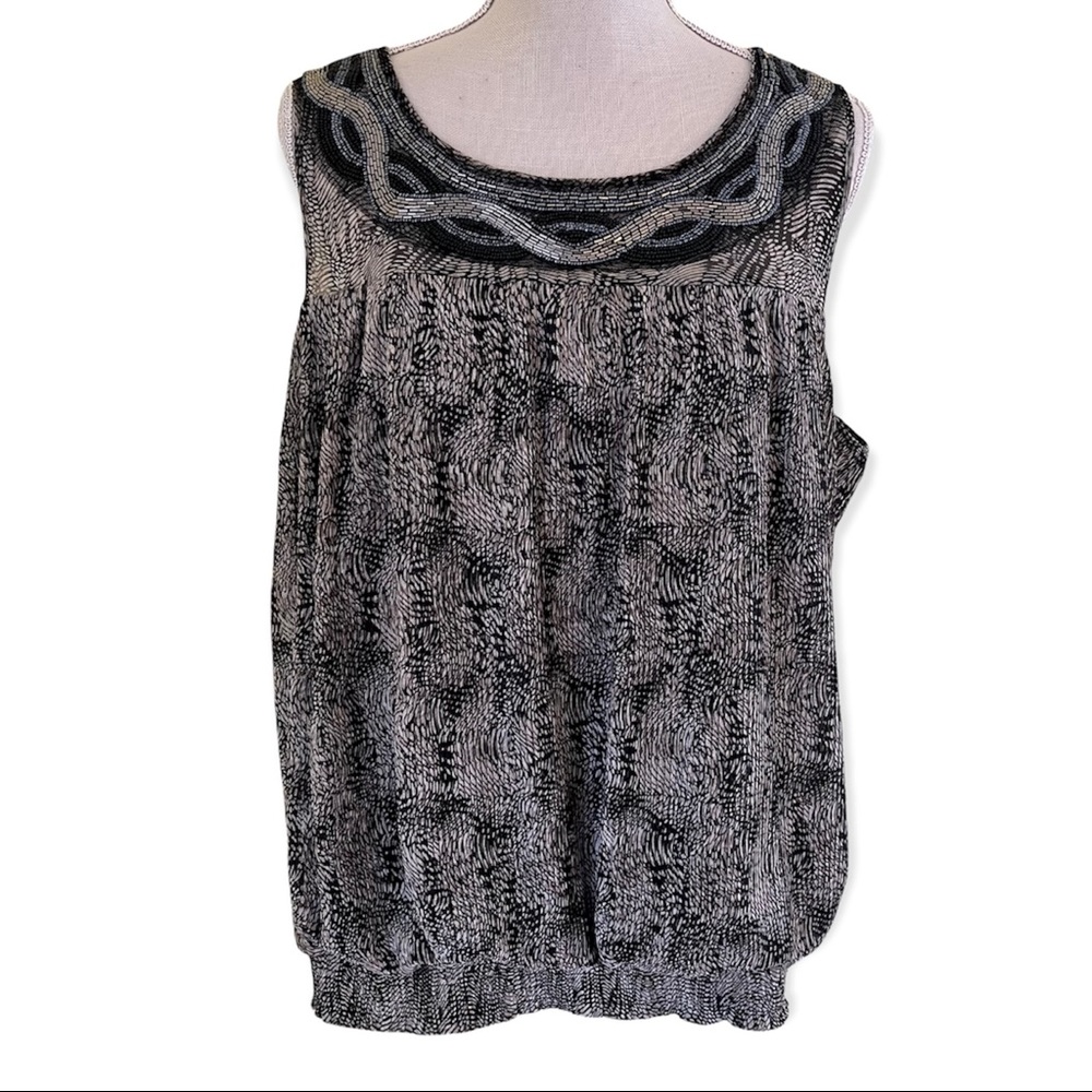 Alfani Black and Beige Pleated and Beaded Sleeveless Blouse 1X